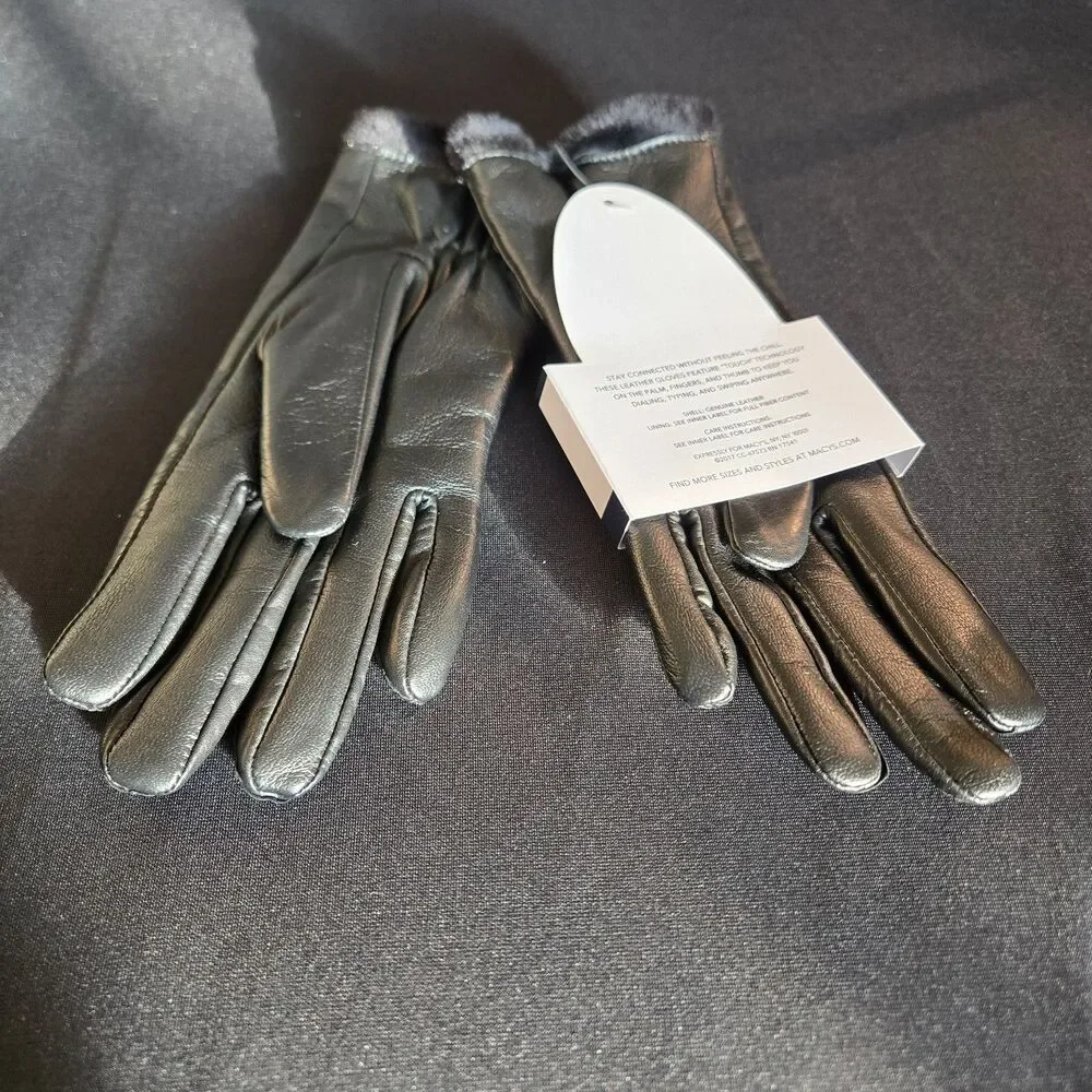 Women's Charter Club Leather Black Gloves Size S Fleece Lined Touch Screen Tech